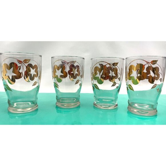 Vintage MCM glass tumblers, Dominion glass, gold flowers MCM glassware, set of 4 - Picture 1 of 7